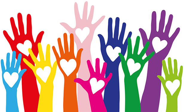 Colorful hands with heart shapes in palms